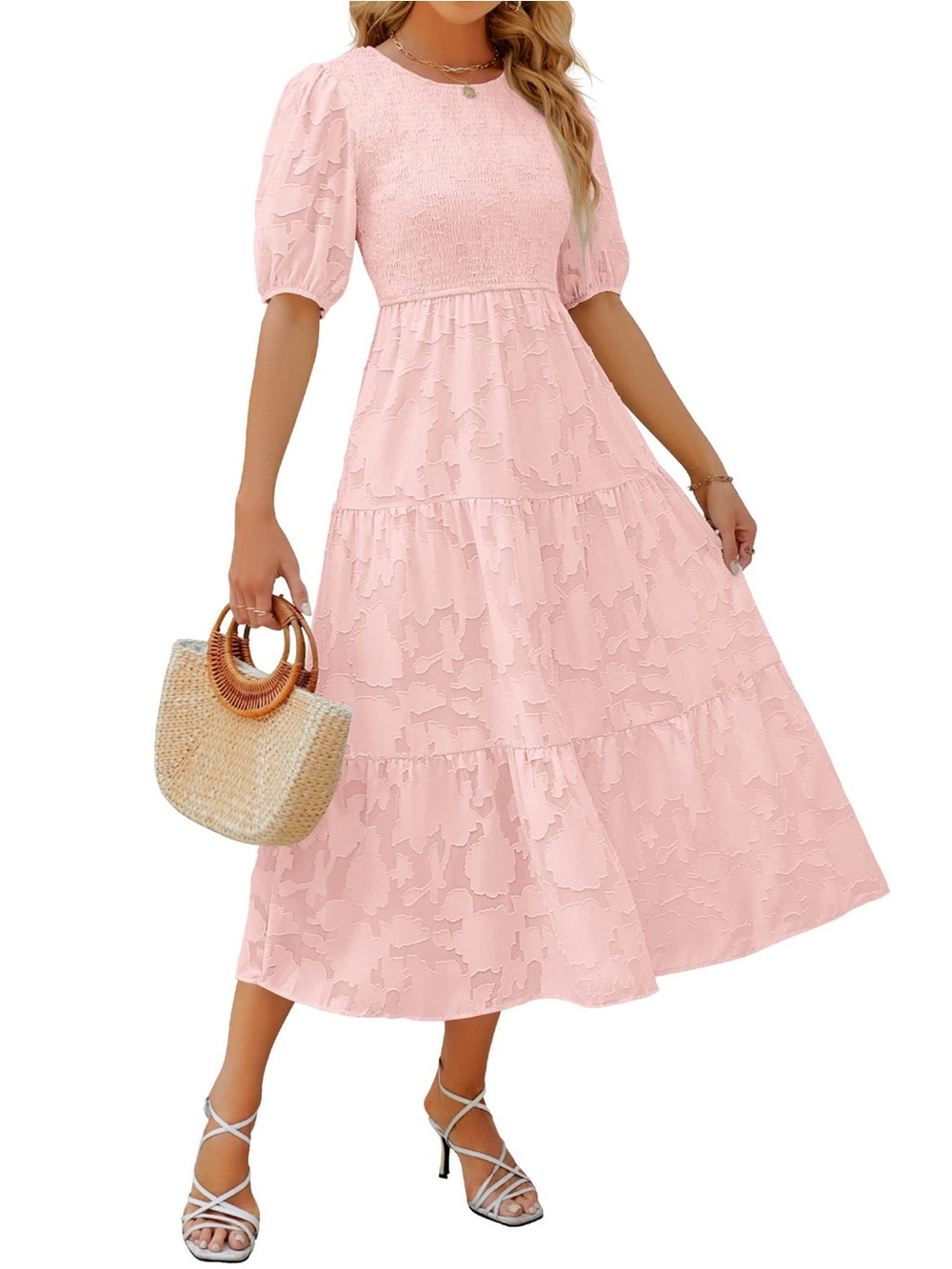 ZESICA Women'Small Short Sleeve Smocked Floral Jaquard Midi Dress Pink Small